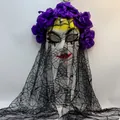 Detailed view of Mexican Day of the Dead mask with purple flowers and black lace veil - Purple Floral Yellow Face Style