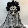 Gothic Day of the Dead mask featuring black roses and a long lace veil for Halloween. - Black Dead Style