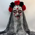 Detailed view of a Day of the Dead mask with a black lace veil and red roses decorations - Black And Red Floral Red Face Style