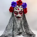 Detailed view of Halloween Day of the Dead mask with red roses and black spiderweb veil - Multicolor Dead Style