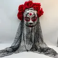 Authentic Day of the Dead headpiece featuring red roses and a long black cobweb lace veil - Red Dead Style