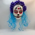 Day of the Dead mask with bright blue hair and purple flower crown for Halloween cosplay. - Blue Hair Dead Style