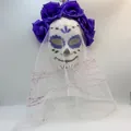 Detail of Mexican Day of the Dead mask with purple roses and bloody white mesh veil - White Mesh Blue Floral Style
