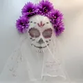 Detailed view of Mexico Day of the Dead mask with purple flowers and white veil - White Mesh Purple Floral Style