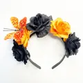 Détail macro d'un serre-tête de fête avec des roses noires et orange et un papillon - Style Noir Jaune (FG187-4) / Noir et Jaune