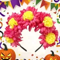 Close-up of pink and yellow Mexican Marigold flower headband for Day of the Dead - Rose Red
