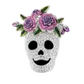 Spilla a forma di teschio bianco di Halloween con elegante corona di fiori viola - Stile Fiore Viola / Tonalità Argento (RW0295)