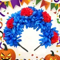 Detailed view of red and blue faux marigold flowers on a festive Halloween headband - Blue and Red Spliced Style (FG195-4) / Blue