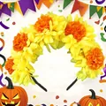 Detailed view of vibrant orange and yellow marigold headband for Day of the Dead festival. - Yellow and Orange Spliced Style (FG195-3) / Yellow
