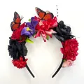 Vista detallada de diadema de carnaval con rosas y mariposas artificiales - Estilo Rojo Negro (FG185-3)
