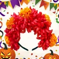 Detailed view of red and orange marigold flower headband for Day of the Dead festivals - Red and Orange Spliced Style (FG195-1) / Red