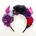 Detailed view of a colorful butterfly rose floral headband for carnival festival party hair decor - Black Purple Style (FG185-5)