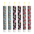 Electronic LED candles with colorful Mexican Day of the Dead sugar skull pattern decor - Warm White Flash (Mixed Pattern 1) / Pack of 2 (20.2cm Height)