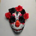 Day of the Dead sugar skull mask decorated with vibrant red and black artificial flowers - Red Eye Flower Style