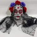 Detailed view of Day of the Dead mask with red roses and elegant black lace veil for Halloween - Multicolor Style