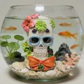 Décoration d'aquarium crâne en sucre avec fleurs colorées et poissons rouges dans un bocal - Style Aménagement d'Aquarium