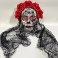 Detailed view of traditional Day of the Dead mask with red roses and black lace veil - Red Style