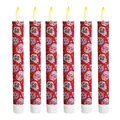 Set of 6 Day of the Dead sugar skull LED taper candles with red festive patterns. - Warm White Flash (Pattern 1) / Pack of 2 (20.2cm Height)