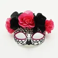 Close-up detail of pink and black silk roses on a Day of the Dead mask with glitter - Pink and Black Floral Style (Style 1)