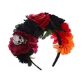 Gedetailleerd zicht op de Halloween bloemenhoofdband met rozen en mesh schedeldetail - Mesh Schedel Kunstbloemen Hoofdband / Zwart Rood Schedel
