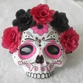 Mexican Day of the Dead sugar skull mask with red and black roses for Halloween costume - Rose Red Flower Style