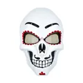 Macro detail of Mexican Day of the Dead skull mask with intricate red floral patterns - Red Eye Pattern