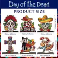 Detailed dimension chart for six colorful Day of the Dead wooden table decorations - 6-Piece Set / 6pcs Set