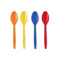Detailed view of colorful plastic spoons in orange, yellow, blue, and red for parties. - Colorful Plastic Spoon