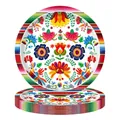 Detailansicht festlicher mexikanischer Partyteller mit bunten Blumen- und Vogelmustern - 9 Zoll Teller / 16er Pack
