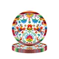 Detailansicht von mexikanischen Fiesta-Papptellern mit lebhaftem Otomi-Volkskunst-Muster. - 7 Zoll Teller / 16er Pack