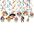 Mexican Day of the Dead hanging decorations with colorful PVC spirals and sugar skull cutouts - Day of the Dead Swirl Decorations / 20pcs