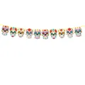 Day of the Dead festive banner featuring colorful sugar skull designs on a yellow string - Day of the Dead Skull Banner