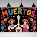 Dia de los Muertos Party-Hintergrund mit Skeletten und bunten Blumen - Skelettmusiker Mit Gitarre (BJBWLJ0002) / 125*80cm