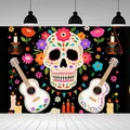 Buntes Tag der Toten Banner-Detail mit Zuckerschädel, Gitarren und festlichen Blumen - Großer Zuckerschädel (BJBWLJ0003) / 125*80cm