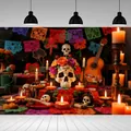 Detailed view of colorful Dia de Muertos backdrop featuring sugar skull and candles - Ornate Skull With Guitar (BJBWLJ0005)