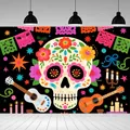 Detailed close-up of Dia de los Muertos backdrop featuring colorful sugar skull design - Floral Skull With Guitar (BJBWLJ0007)