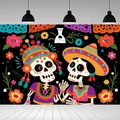 Colorful Dia de Muertos backdrop with festive skeletons and marigold decorations - Skeletons In Traditional Dress (BJBWLJ0008)