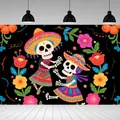 Vibrant Dia de los Muertos backdrop featuring dancing skeletons and colorful floral patterns. - Dancing Skeleton Illustration (BJBWLJ0009)