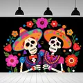 Detail view of Dia de los Muertos backdrop with vibrant sugar skull and floral design - Colorful Skull In Traditional Dress (BJBWLJ0012)
