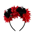 Halloween Gothic headband featuring decorative red and black roses and miniature white skulls - Black And Red Diamond Velvet