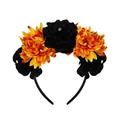 Halloween floral headband with black roses and vibrant orange faux marigolds for Cosplay - Black And Orange Rhinestones