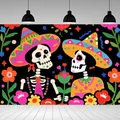 Colorful Dia de Muertos backdrop banner with Mexican skeletons and flowers for party - Skull With Sombrero And Flowers (BJBWLJ0011)