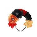 Vibrant Halloween headband featuring artificial roses and decorative white skulls for cosplay - Skull Alien / Red and Black