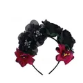 Gothic Halloween headband featuring black skulls and dark red faux flowers for cosplay - Skull Alien / Black