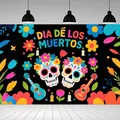 Festive Dia de Los Muertos backdrop with sugar skulls and colorful flowers for party decor - Sugar Skulls With Festive Text (BJBWLJ0013)