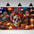 Dia de Muertos backdrop featuring a colorful flower skull and festive candle table setting - Altar Elements With Skull (BJBWLJ0018)