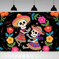 Colorful Day of the Dead party banner featuring dancing skeletons and floral pattern - Dancing Cartoon Skeletons (BJBWLJ0014)