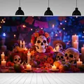 Day of the Dead photography backdrop with festive skulls and colorful floral decorations - Festive Photography Backdrop (BJBWLJ0017)
