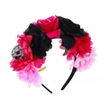 Halloween floral headband with black lace skull and vibrant red and pink silk roses - Black And Rose Red Skull Design