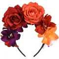 Vibrant artificial floral headband for Halloween costumes featuring red and orange roses - Deep Red-orange With Orchids And Roses On The Side.